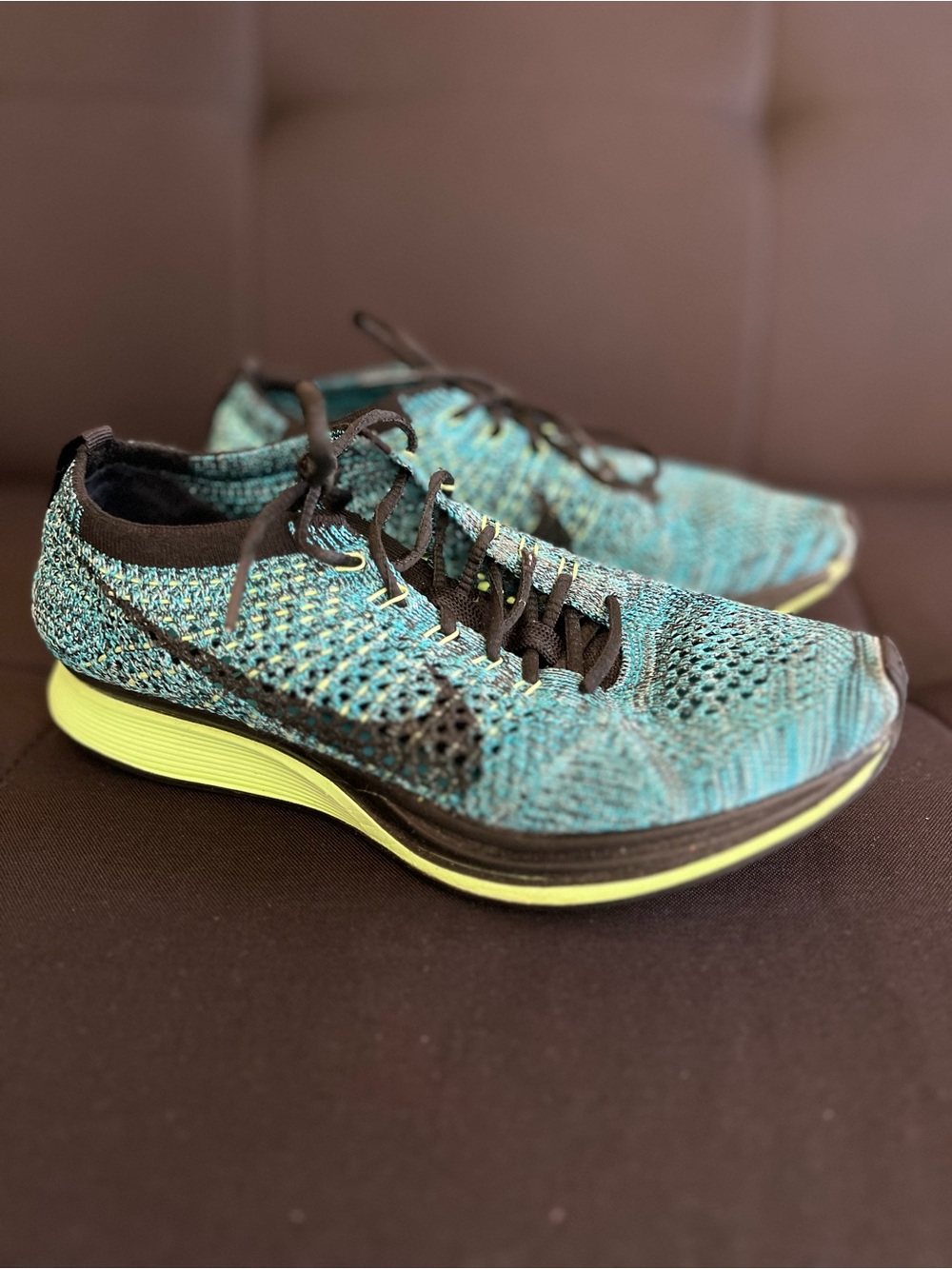 Nike Flyknit Racer Sneakers — Teal & Black with Neon Yellow Accent